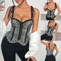 Sexig Rutig Spetsinsatt Sweetheart-krage Volangkant Självbindande Axelbandslös Cami Topp
