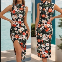 Vintage blommig mönstrad Rundhals ärmlös sidoslits Bodycon Klänning