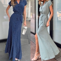 Mode tryckdesign V-ringad kortärmad knapp framtill Self-tie Slit Maxi-klänning