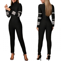 Rhinestone Mock Neck långärmad Slim Fit Jumpsuit
