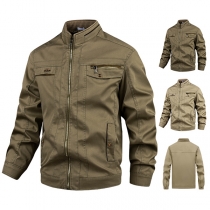 Modern Standkrage Långärmad Jacka med Front Zipper och Flera Fickor för Herrar