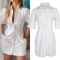 Fashion Stand Krage Kortärmad Knappfram Sidofickor Shirt Klänning