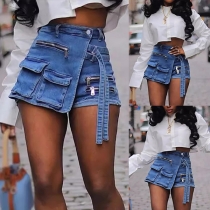 Street Fashion Patch Fickor Spänne Dragkedja Oregelbunden Hem Gamla Tvättade Jeansshorts