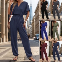 Kortärmad Mode Jumpsuit med Elastisk Midja och V-ringning