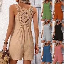 Casual enfärgad fyrkantig hals ärmlös rygg spetsinfälld bomull-och-linne jumpsuit