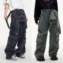 Streetwear Sidofickor Vintage Tvättade Jeans Jumpsuit för män