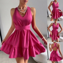 Sexig Halterneck V-ringad Ärmlös Backless Självknuten Miniklänning