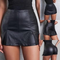 Mode enfärgade högmidjade slits konstläder PU-shorts