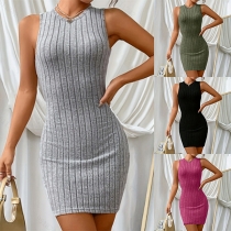 Ärmellös Elegant enfärgad Ribbad Bodycon-klänning med Rund Hals