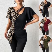 Leopardmönstrad Mode Strappy V-ringad Kortärmad Draperad Sida Split Asymmetrisk Blus