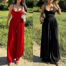 Ärmlös Casual Cami Jumpsuit med Vida Ben och Rund Hals