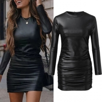 Mode Rund Hals Långärmad Rynkad PU Konstläder Bodycon Klänning