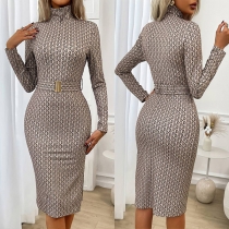 Blommig tryckt polokrage långärmad bodycon-klänning med bälte