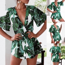 Boho Stil Blommönstrad V-ringad Kortärmad Jumpsuit