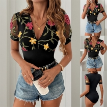 Modeblick Blommor Broderad V-ringad Kortärmad Bodysuit