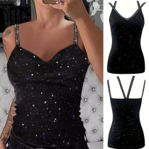 Glamorös Glittrig Draperad V-ringad Rhinestone Cami-topp