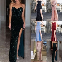 Sexig axelbandslös Sweetheart Neckline Sida Slits Paljett festklänning