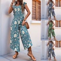 Fräsch stil blommönster Rundhals Kortärmad Lös Jumpsuit