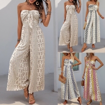 Bohemia stil blommig mönstrad axelbandslös frontknuten Jumpsuit med vida ben