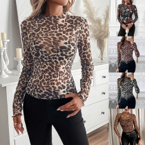 Sexig leopard- eller blommönstrad långärmad skjorta med rund hals och halvgenomskinlig design