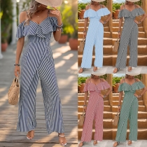 Trendiga Vertikala Ränder Volang V-ringad Cami Jumpsuit med Vida Ben