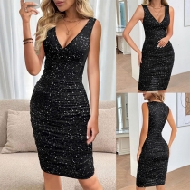 Sexig Bling-bling V-ringad Ärmlös Ruched Bodycon Klänning