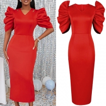 Elegant V-ringad utskärning Puff Kortärmad Högmidjad Bodycon Partyklänning
