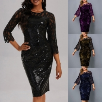 Mode Glittrande Paljett Slits Gaze Rund Hals 3/4-ärm Bodycon Festklänning