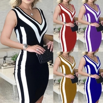 Moderiktig Kontrastfärgad Ärmlös Bodycon Klänning med V-ringad