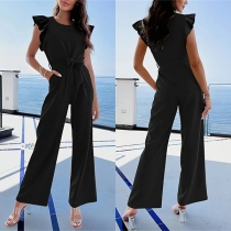 Reviderad titel: Mode Rund Hals Volangärmad Självknyt Rak Skuren Jumpsuit