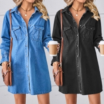 Moderiktig Ståndkrage Långärmad Patch Bröstfickor Främre Knäppning Vintage Tvättad Denimklänning