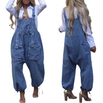 Gatumode Patch Fickor Vintage Tvättad Denim Lös Hängselbyxa