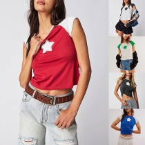 Crew Neck Crop Shirt med Kontrastfärg och Stjärnmönster