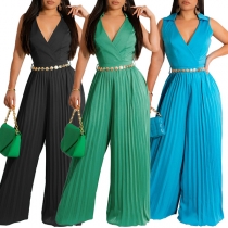 Mode Polo ärmlös V-ringad plisserad jumpsuit med metallbälte och vida ben