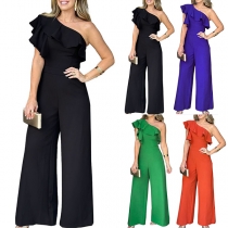 Sexig volang Enaxlad Ärmfri Hög midja Jumpsuit med vida ben