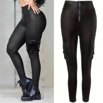 Streetwear Framdragkedja High-rise sidfickor Konstläder PU Slim Byxor