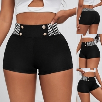 Fashiona Pepitamönstrad Dubbelknäppt Shorts med Hög Elastisk Midja