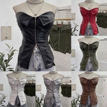 Läderliknande Skjorta med Dragkedja och Kraglös Design