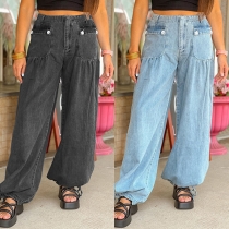 Street Style Elastisk Midja Främre Fickor Lösa Vintage Tvättade Jeans