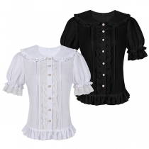 Vintage spetsdekorativ pikékrage puff kortärmad knapp fram med volangkant Lolita blus