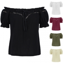 Vintage off-shoulder puffärmad blus med rosett