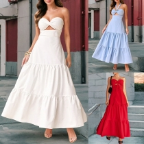 Elegant Cross Neck Sweetheart Neckline Front Cutout Backless Layered Maxi Dress