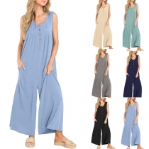 Bekväm enfärgad ärmlös jumpsuit med fyrkantig hals och knappar