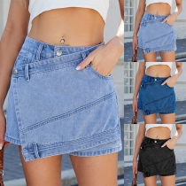 High-rise Irregular Hem Vintage Wash Denim Skorts