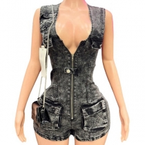 Street Style Fram Dragkedja Ärmlös Patch Fickor Vintage Tvättad Denim Romper