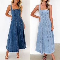 Vintage fyrkantig hals Vertikal randig ärmlös rå kant Retro tvättad denimklänning