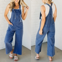 Mode Patch Fickor Rak Skuren Tvättad Denim Självknuten Hängselbyxa