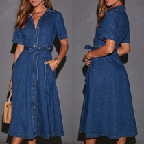 Fashion Ståkrage Kortärmad Knapp Fram Självknuten Denimklänning