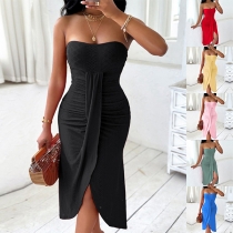 Axelbandslös mode bodycon festklänning med främre slits och asymmetrisk fåll