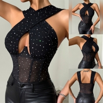 Mode Strass Éclatant Croisé Col Halter Découpe Avant Dos Nu Corset Body